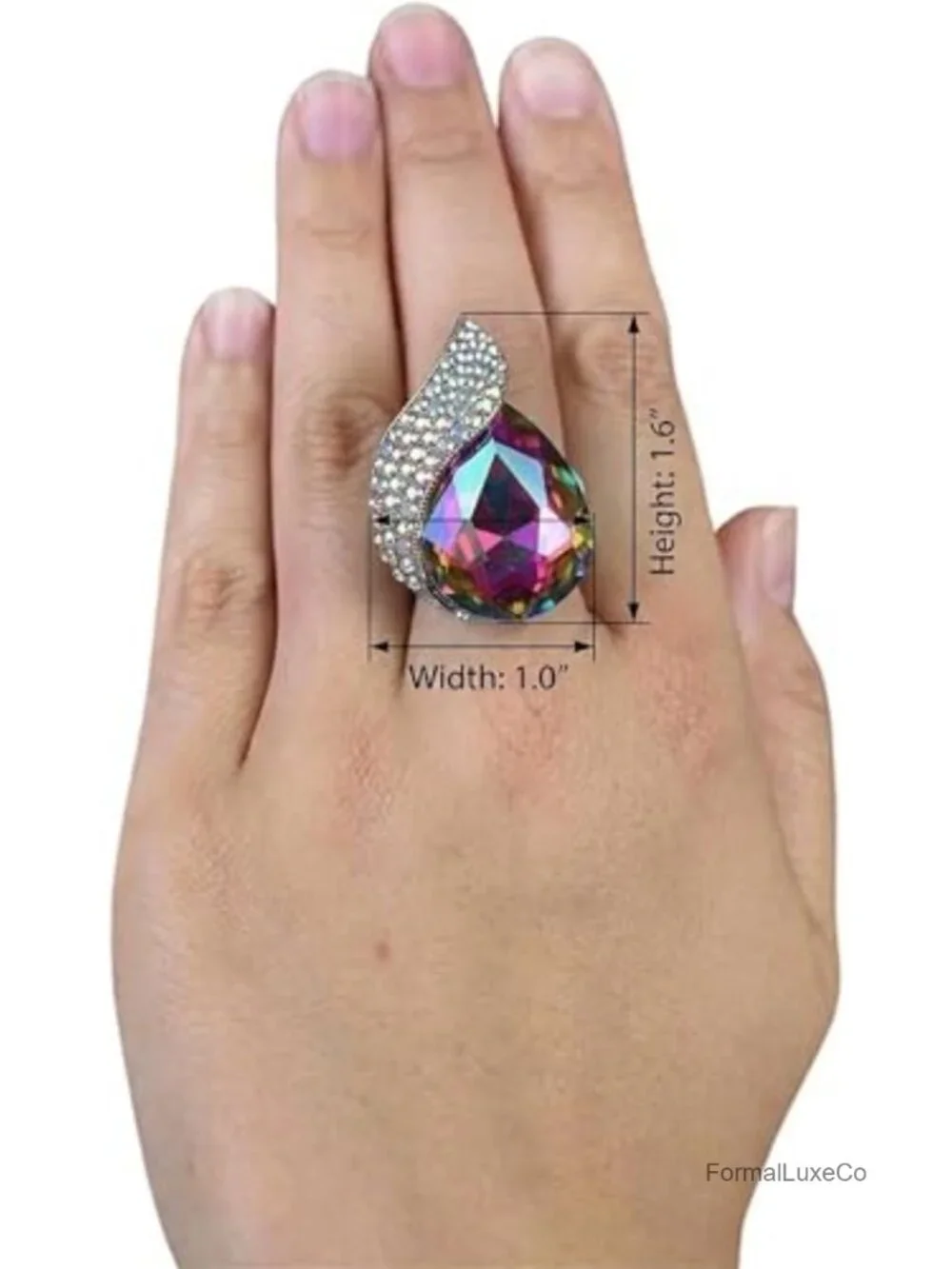Adjustable Cocktail Statement Ring Teardrop Aurora Borealis